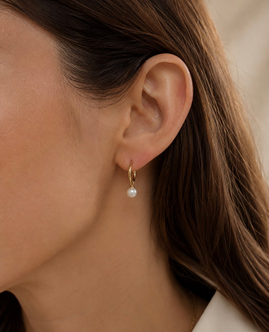 9ct Gold Freshwater Pearl Drop Hoop Earrings