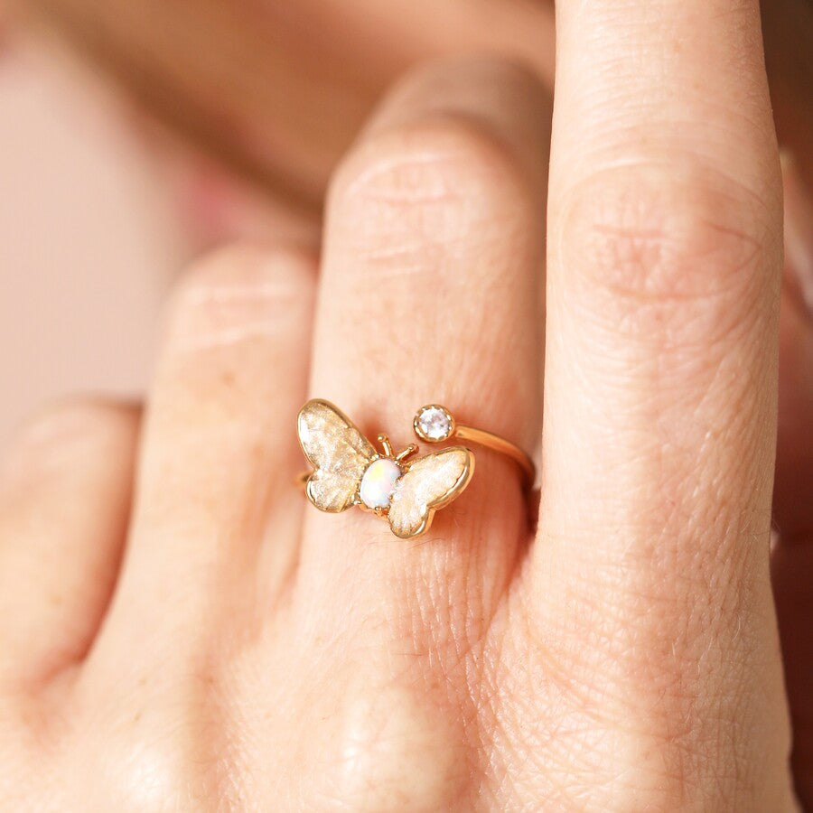 Adjustable Opal Butterfly and Crystal Ring