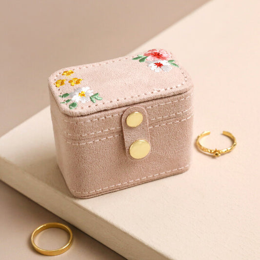 Embroidered Velvet Travel Ring Box - Petite Jewellery Storage Case