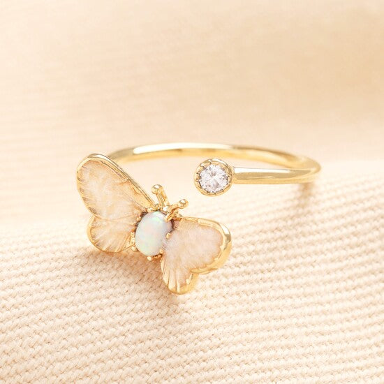 Adjustable Opal Butterfly and Crystal Ring
